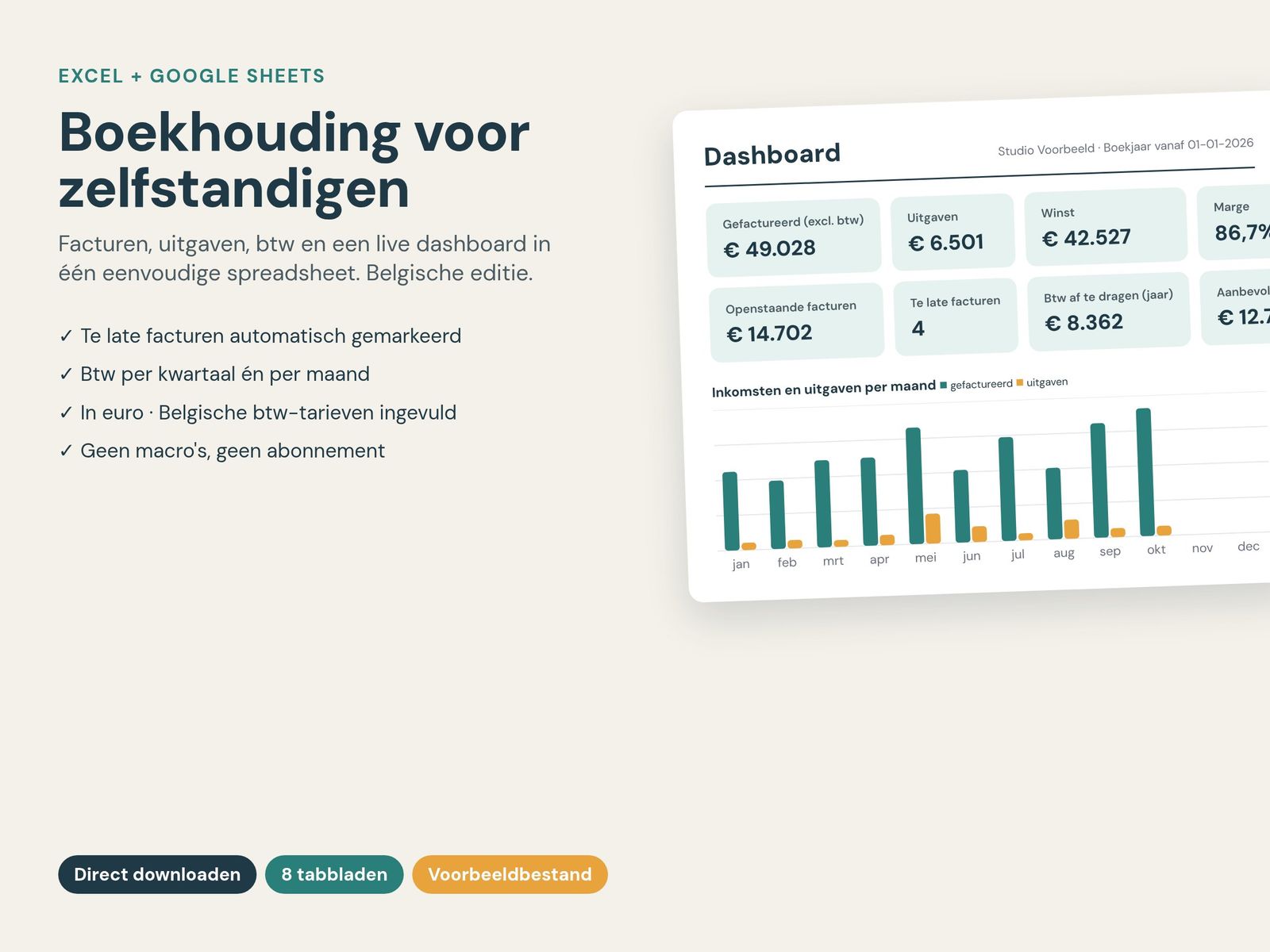 Dashboard van de boekhoudspreadsheet voor zelfstandigen in België