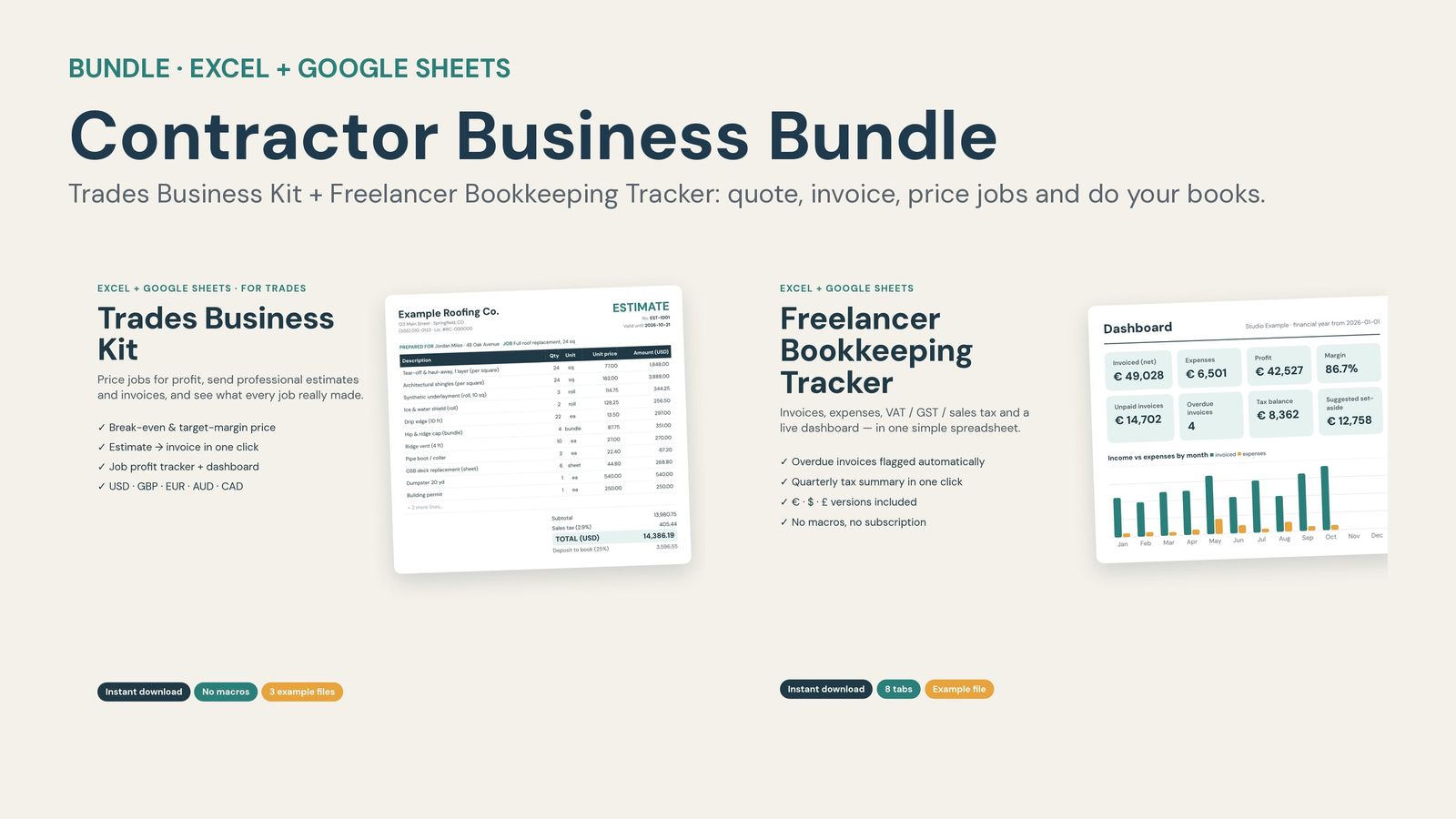 Contractor Business Bundle: Trades Business Kit and Freelancer Bookkeeping Tracker