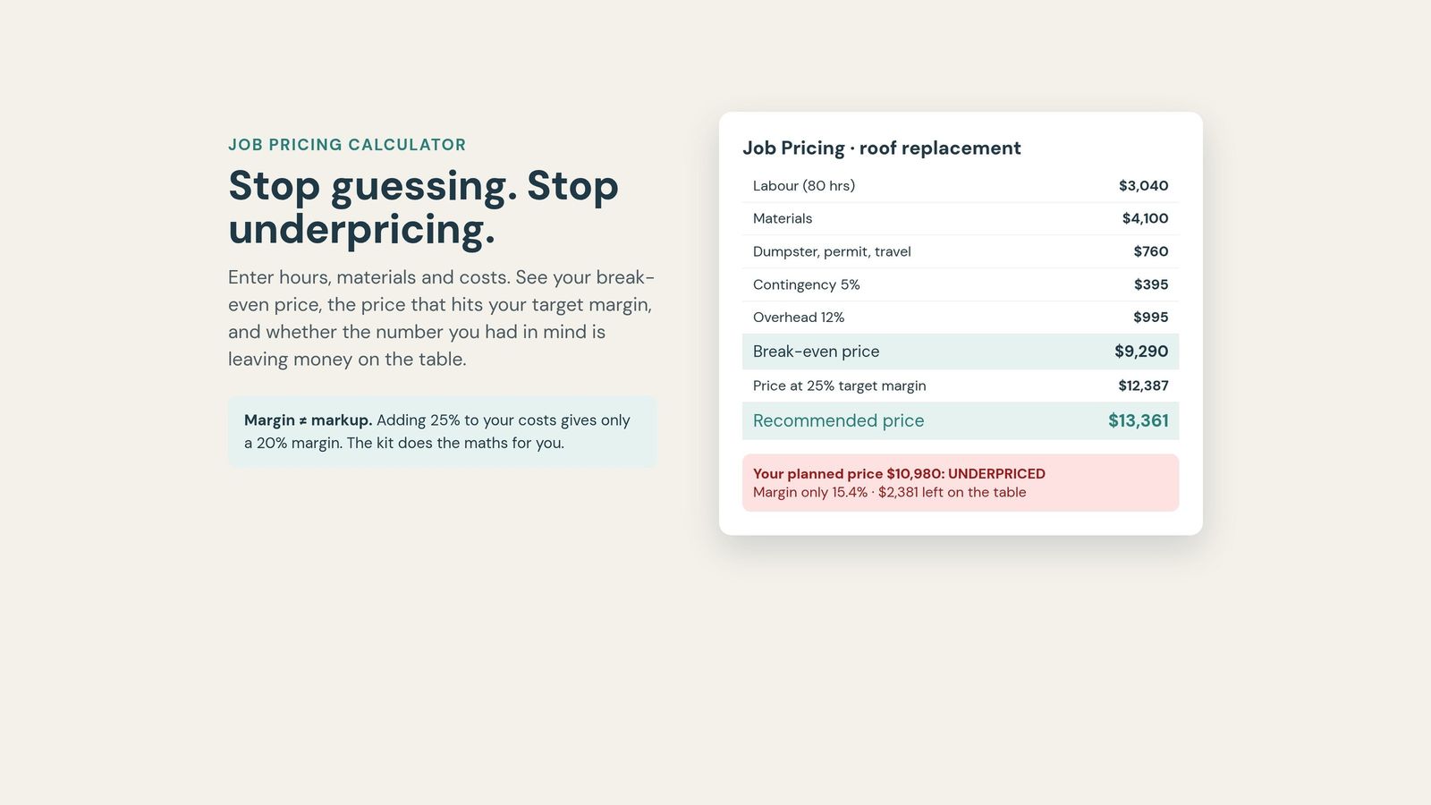 Job pricing calculator: break-even and recommended price
