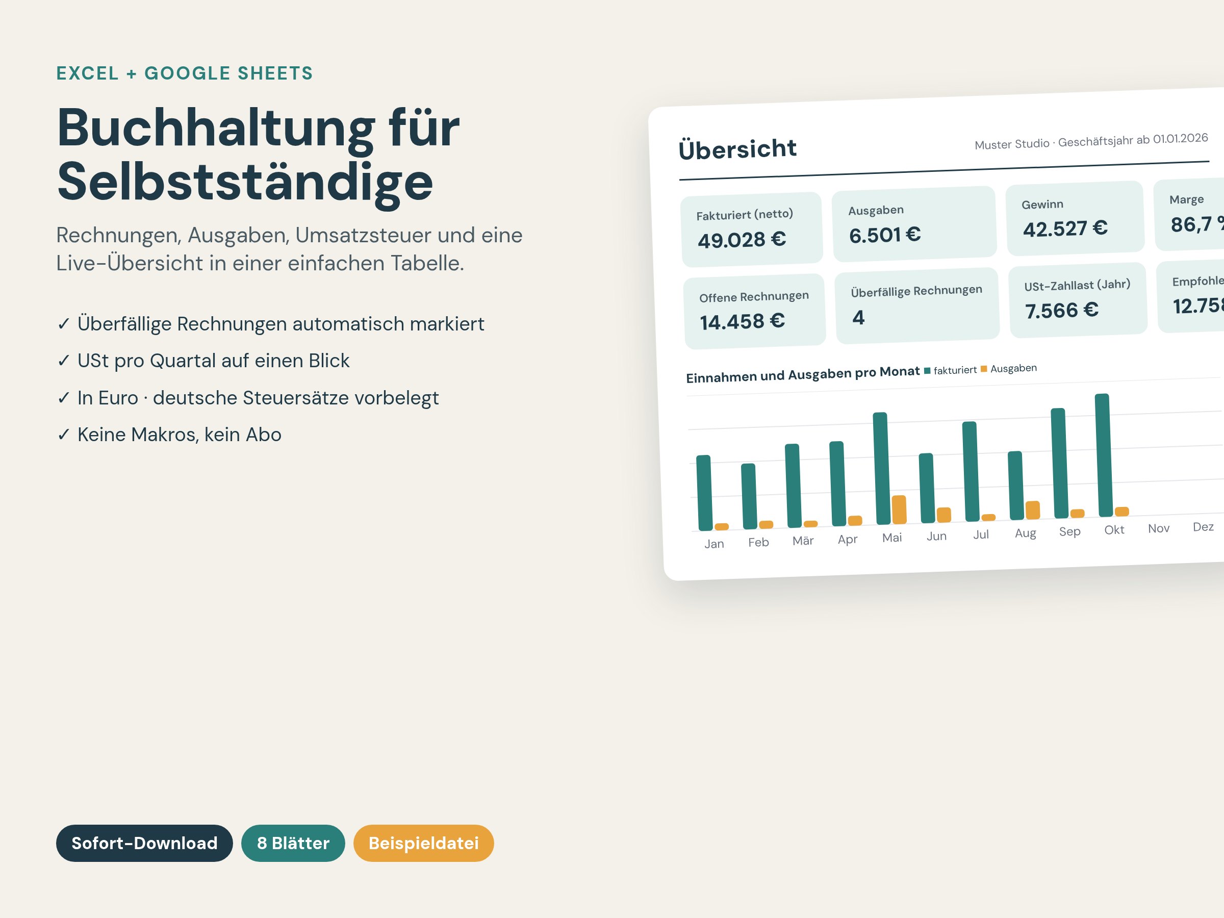 Dashboard der Buchhaltungs-Vorlage für Selbstständige
