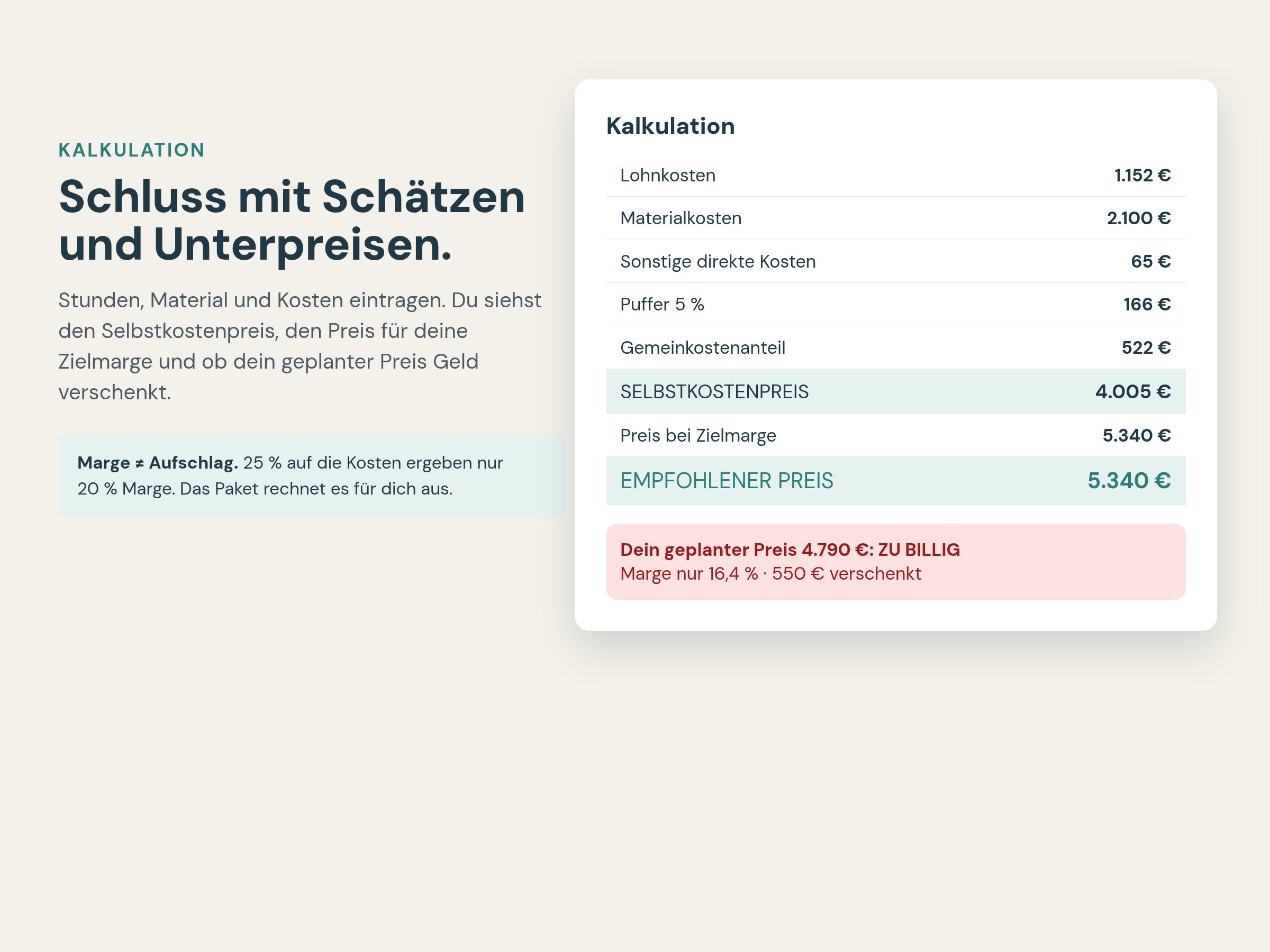 Kalkulation mit Selbstkosten und Preis für die Zielmarge