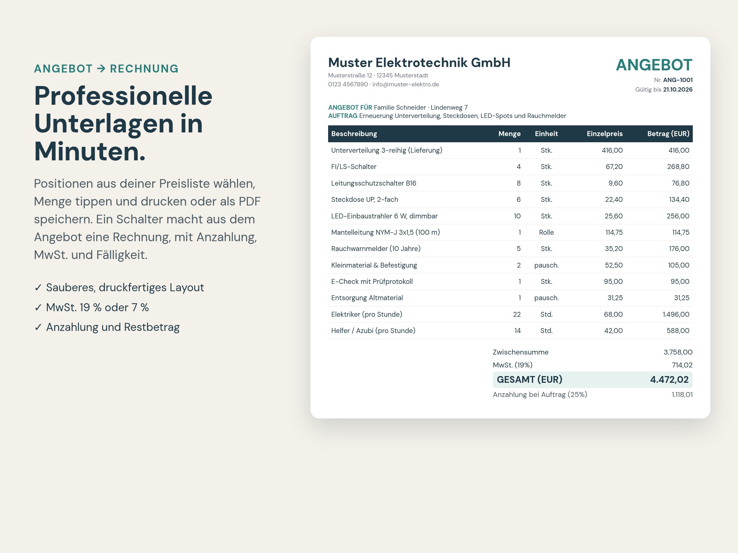 Druckfertiges Angebot für Handwerker