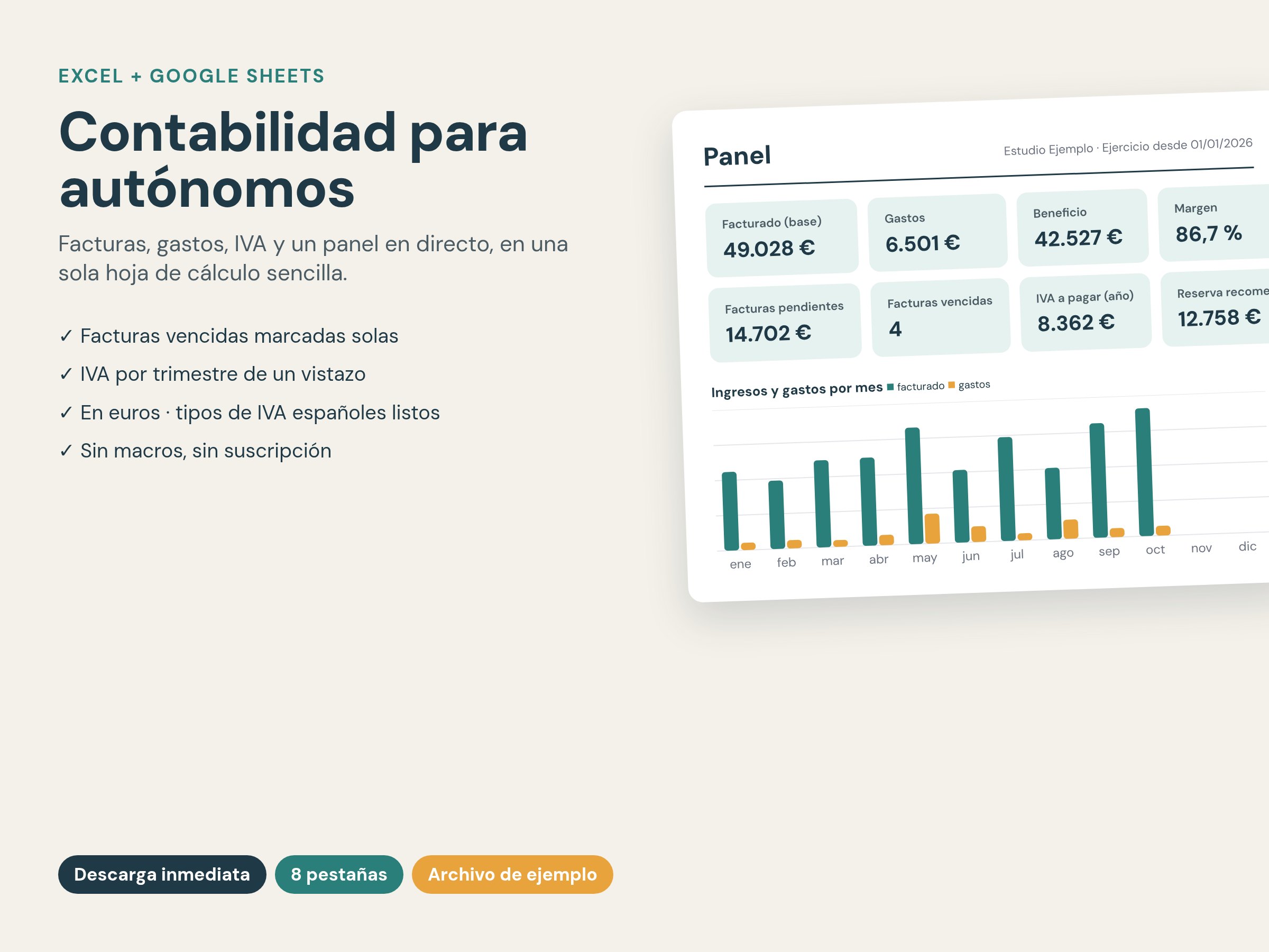 Panel de la plantilla de contabilidad para autónomos