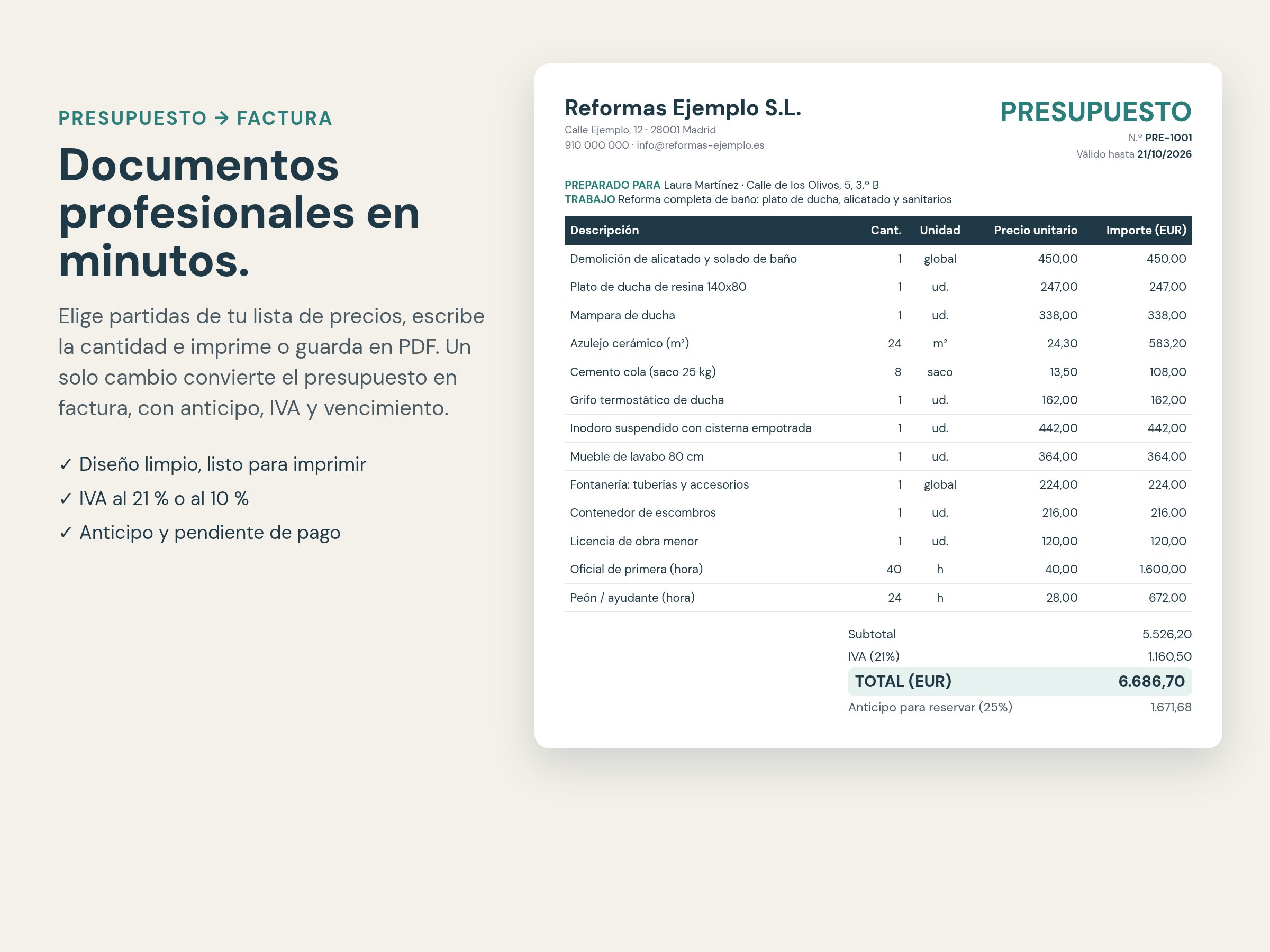 Presupuesto listo para imprimir