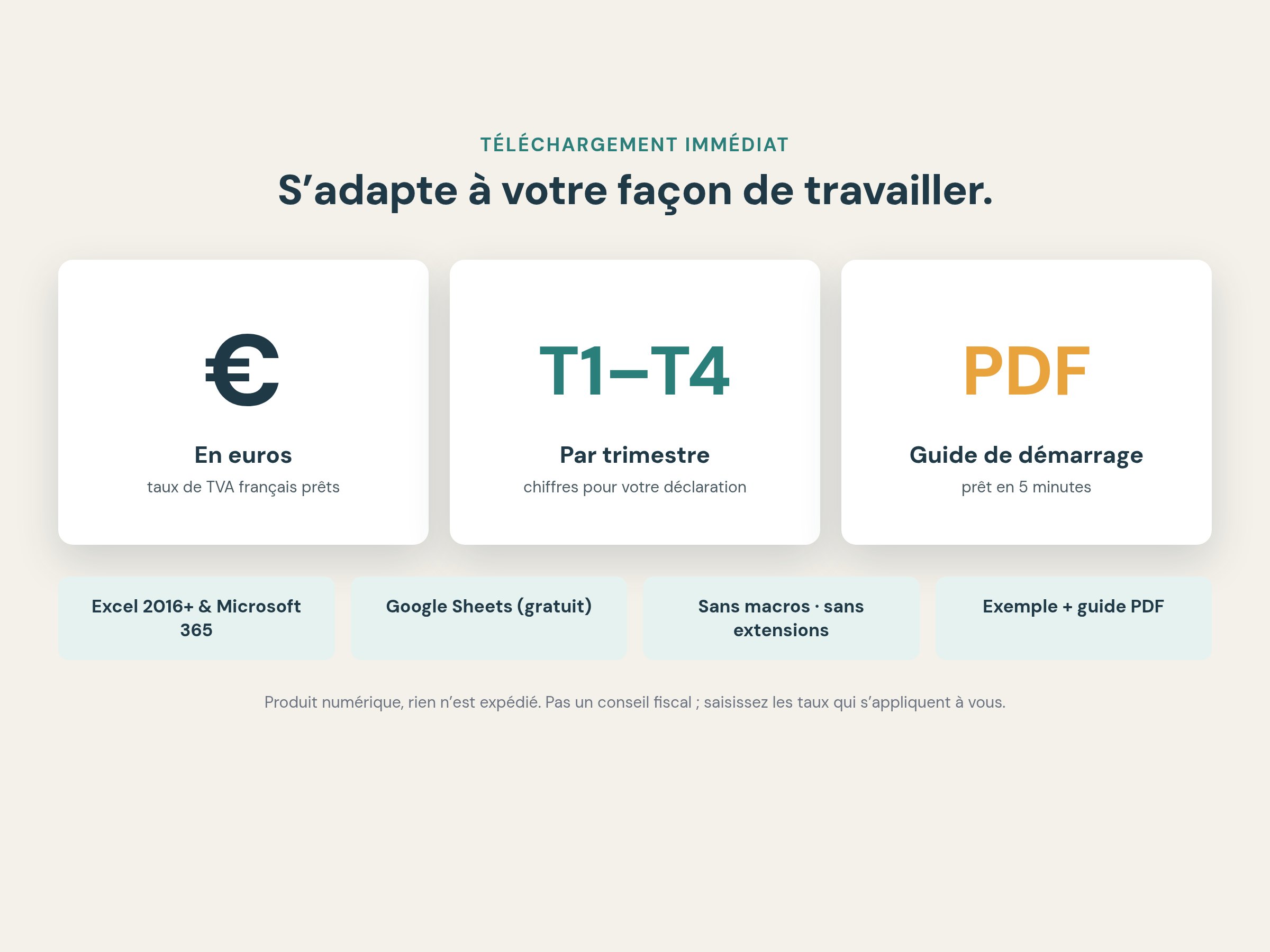 Version en euros, TVA par trimestre et guide PDF