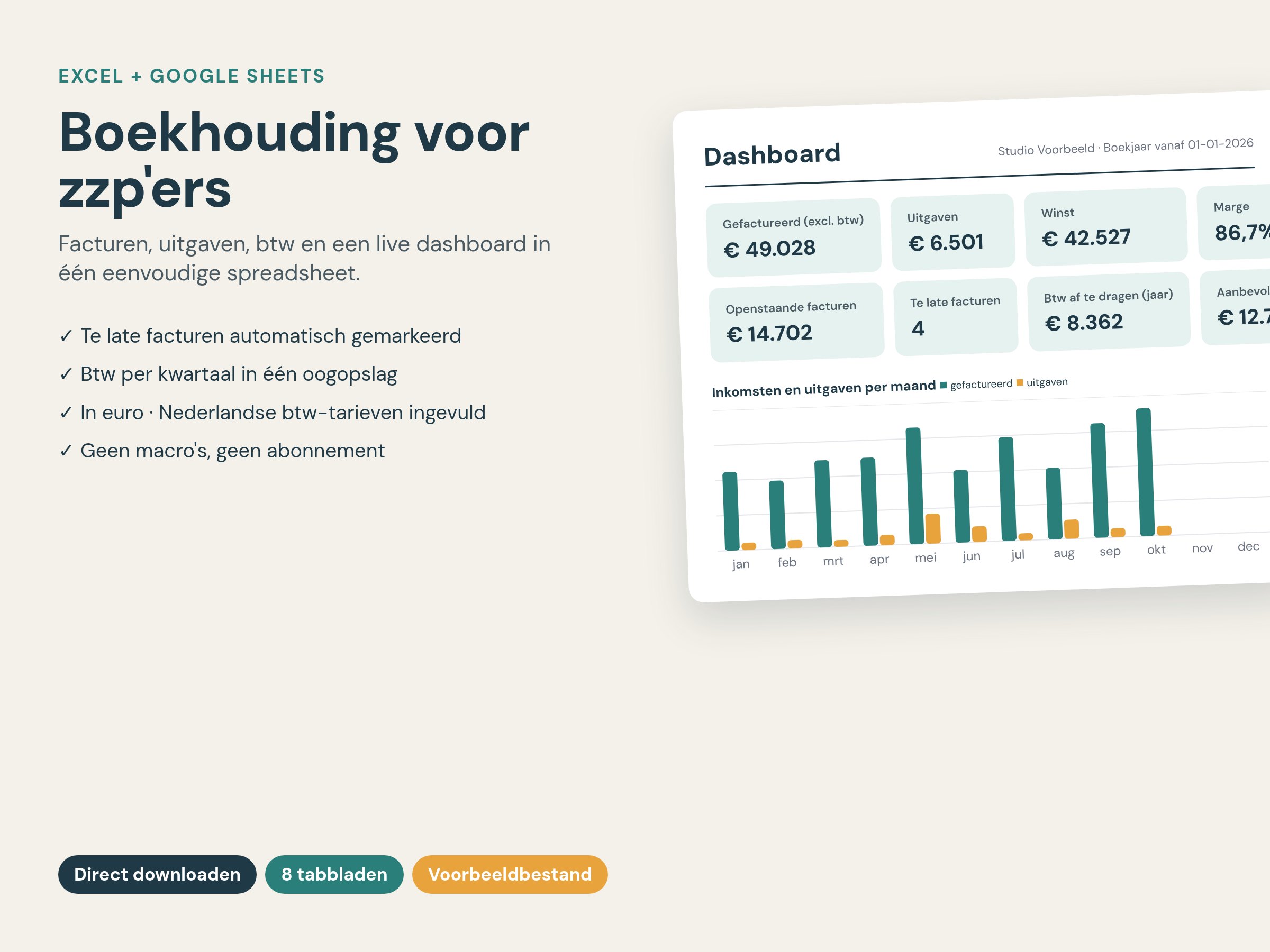 Dashboard van het boekhoudtemplate voor zzp'ers