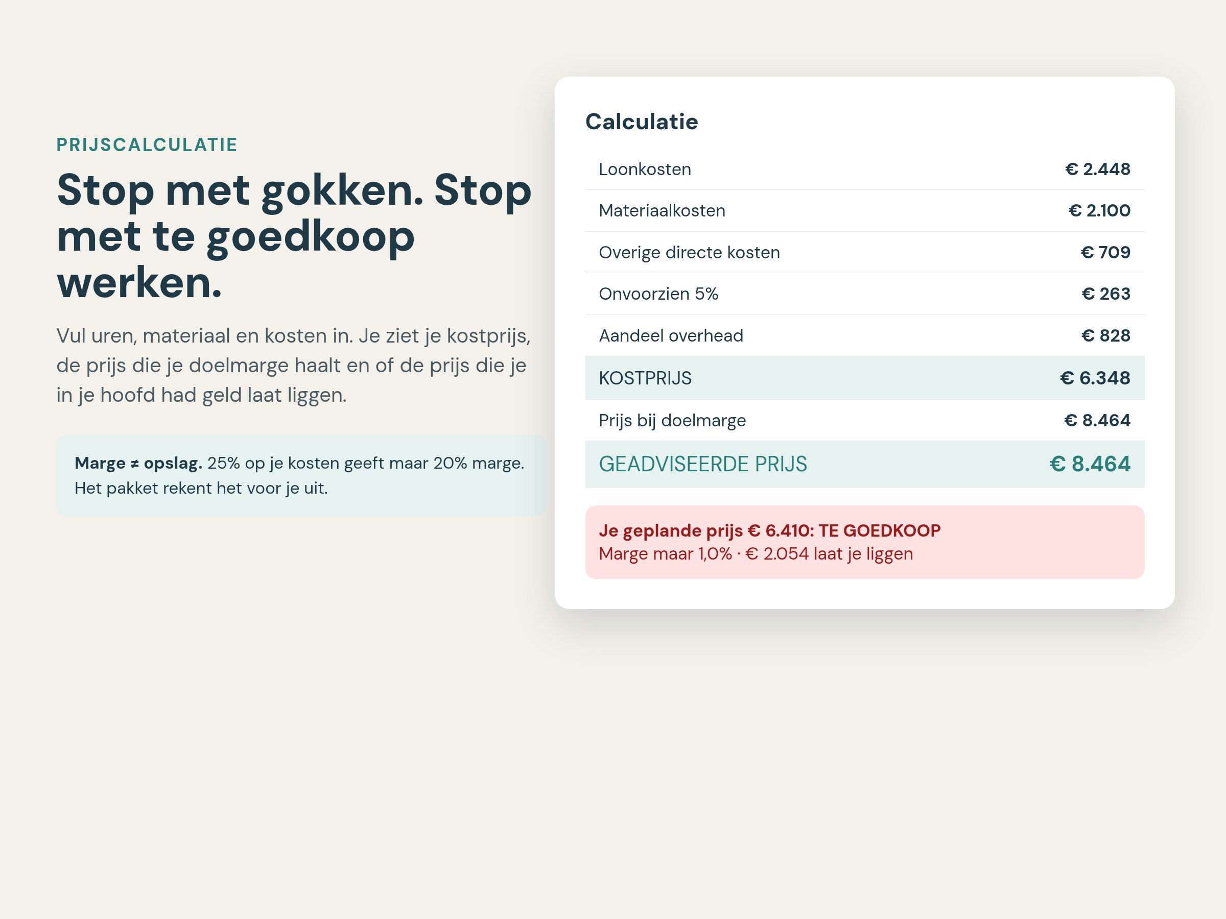 Calculatie met kostprijs en prijs voor de doelmarge