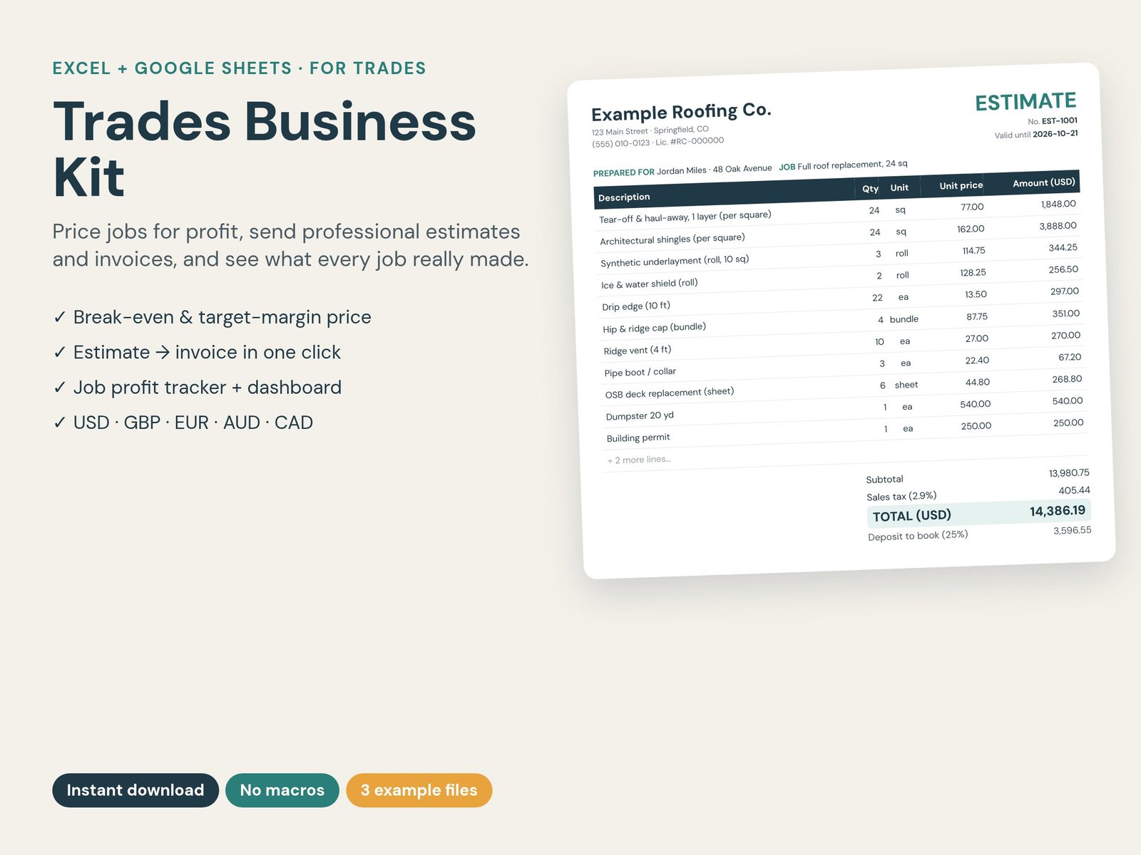Trades Business Kit: a filled-in roofing estimate