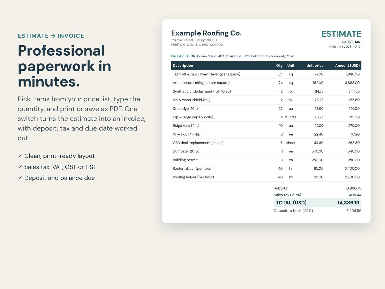 Printable contractor estimate