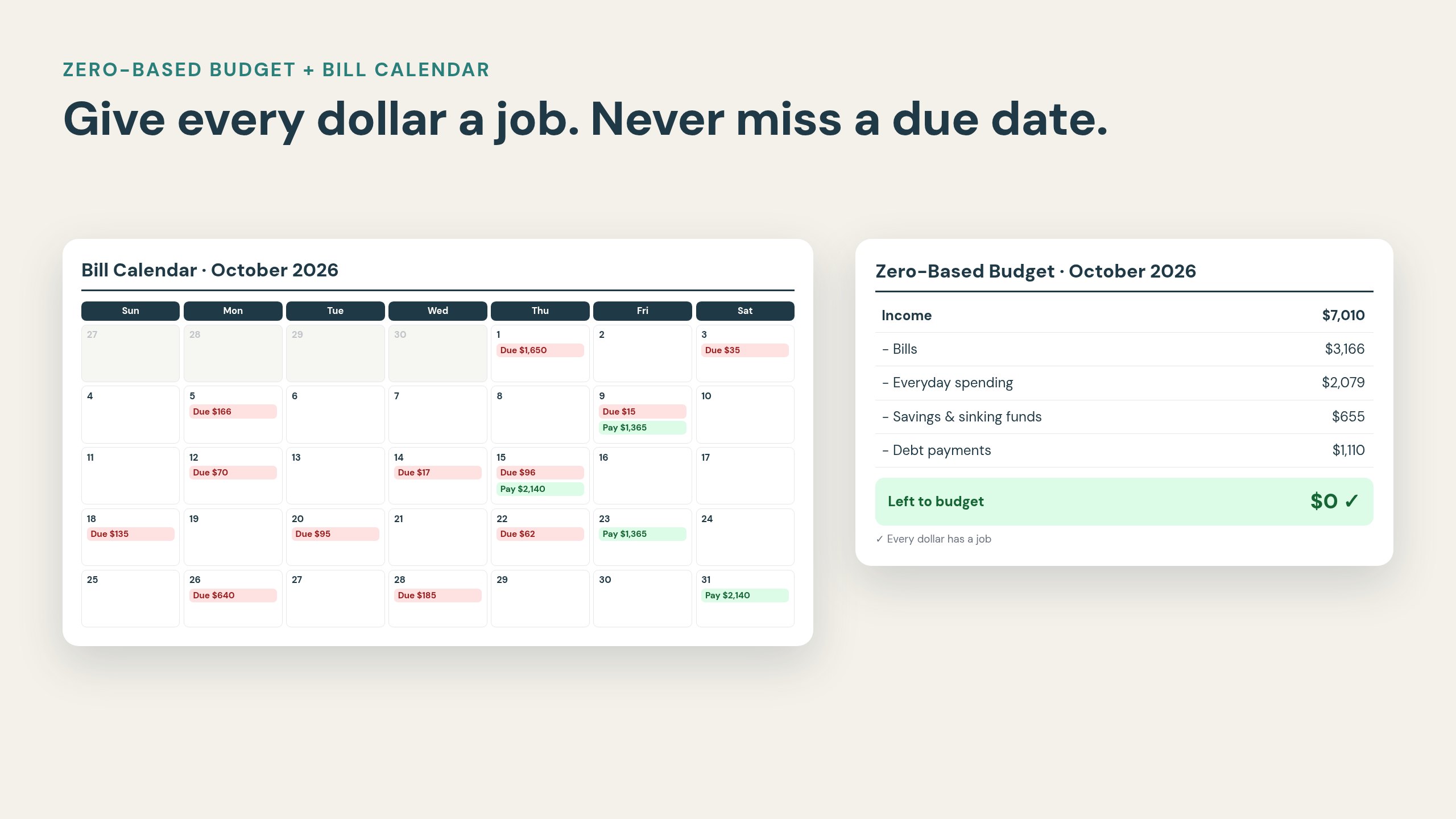 Bill calendar and zero-based budget with nothing left to budget