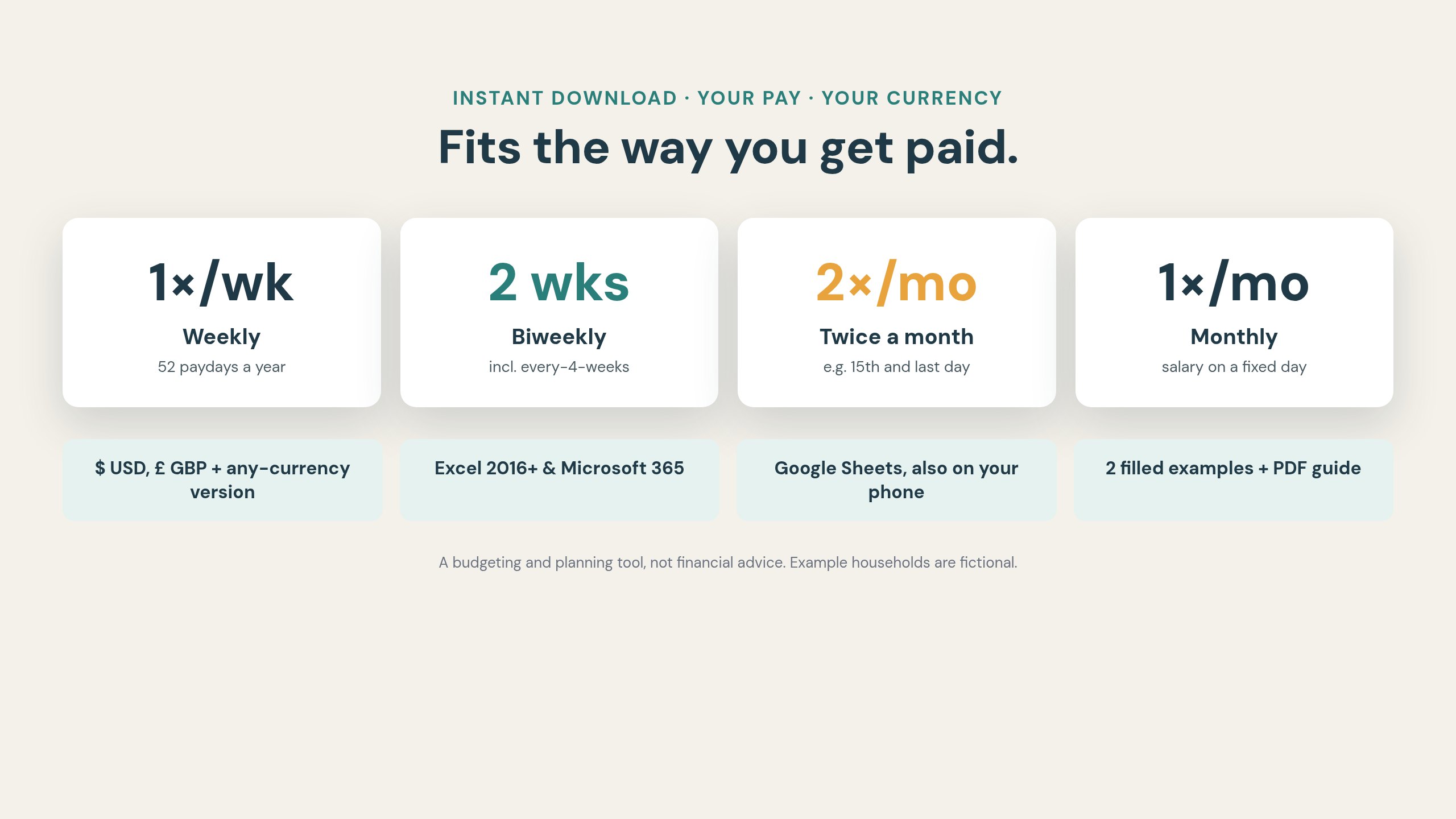 Works for weekly, biweekly, twice-monthly and monthly pay in USD, GBP or any currency